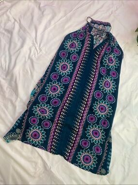 Boho Floral Halter Neck Women's dress in Teal and Purple